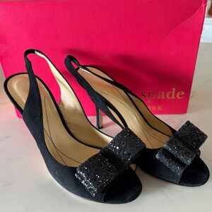$350 KATE SPADE Chase Black Suede‎ Slingback Heels Glitter Bow Peep Toe 6.5B EUC